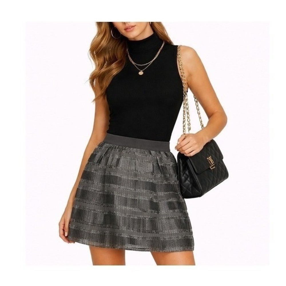 Ann Taylor Factory Black Grey‎ Textured Grid Pleated Mini Skirt Size 12 NWT